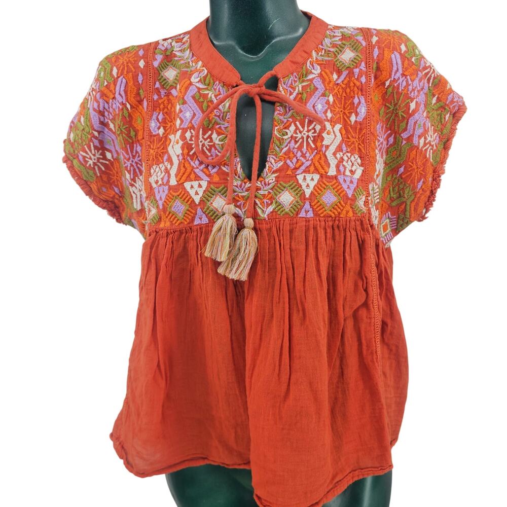 THML Burnt Orange Embroidered Boho Blouse Top Boho Hippie Cap Sleeve M 4128